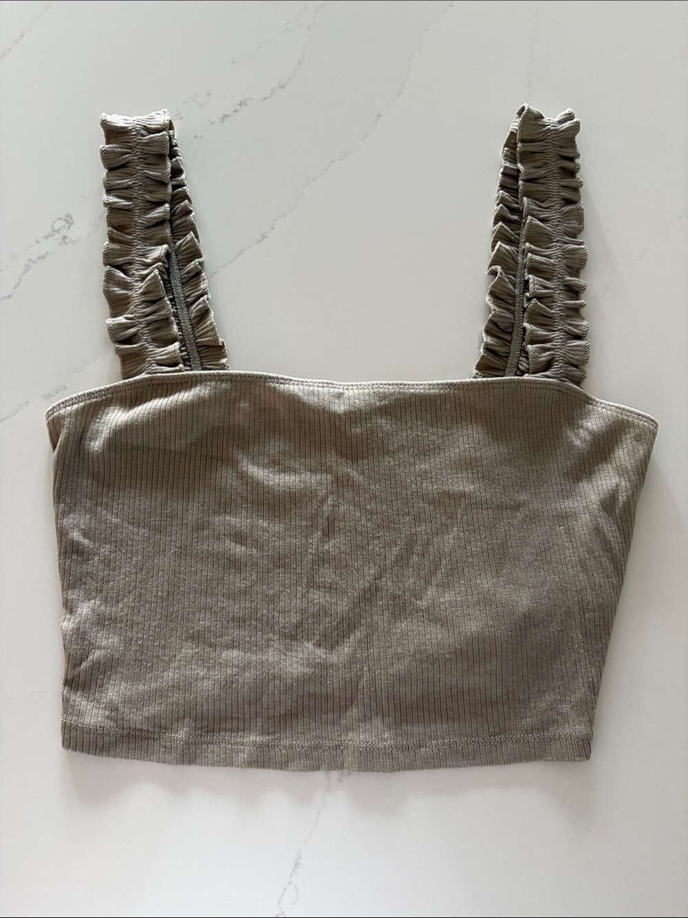 Sunday Best Aritzia Women’s Ribbed Crop Tank Top with Ruffle Straps - Taupe